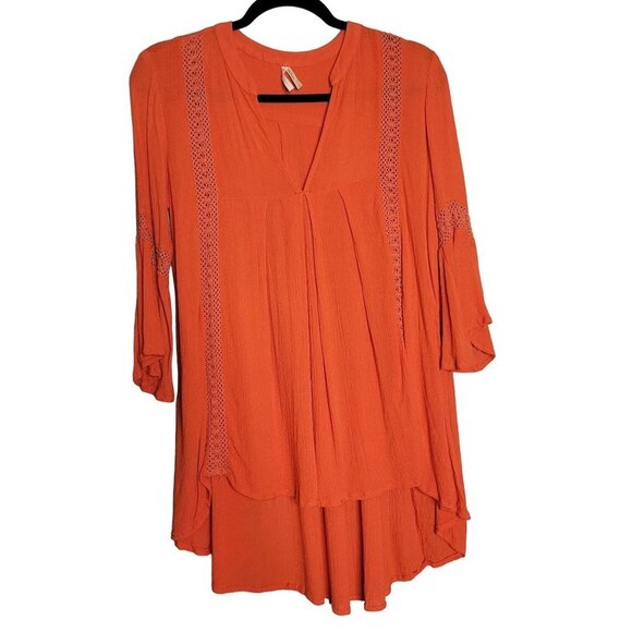 Moon Orchid Crochet Top Blouse 3/4 Flare Sleeve Pleated V-Neck Orange Size Small - Picture 1 of 10
